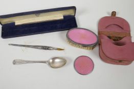 A cased travelling set with hallmarked silver and enamel brush, comb and mirror, hallmarked