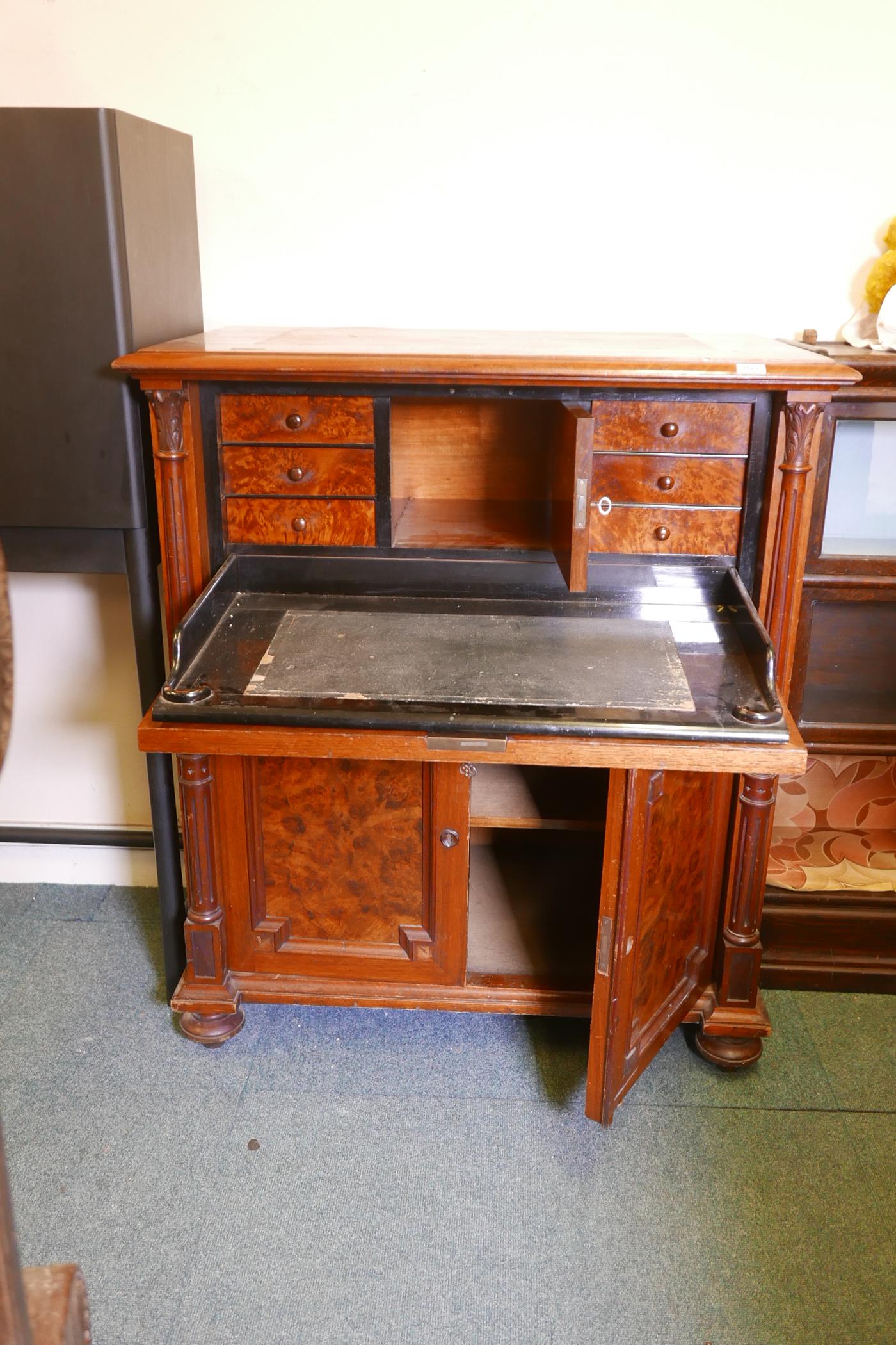 A C19th continental secretaire abattant with burr walnut panels, the fall front fitted with an - Image 5 of 5