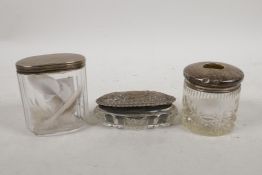 Two silver topped jars and a pin tray, largest 3" high
