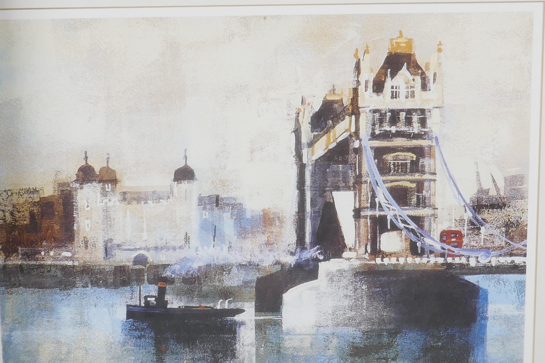 A pair of coloured engravings, 'Tower Bridge' and 'The Houses of Parliament' by Colin Ruffell, 14" x - Image 3 of 3