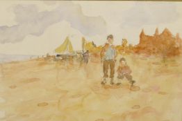 V. De Windt, beach scene with fishing boats and children to foreground, signed, watercolour, 7" x