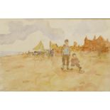 V. De Windt, beach scene with fishing boats and children to foreground, signed, watercolour, 7" x