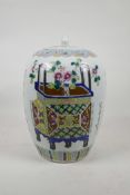 A Chinese famille rose porcelain jar and cover with enamelled decoration of objets de vertu and