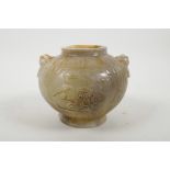 A Chinese alabaster jar with two mask handles and carved bamboo and floral decoration, 5" high
