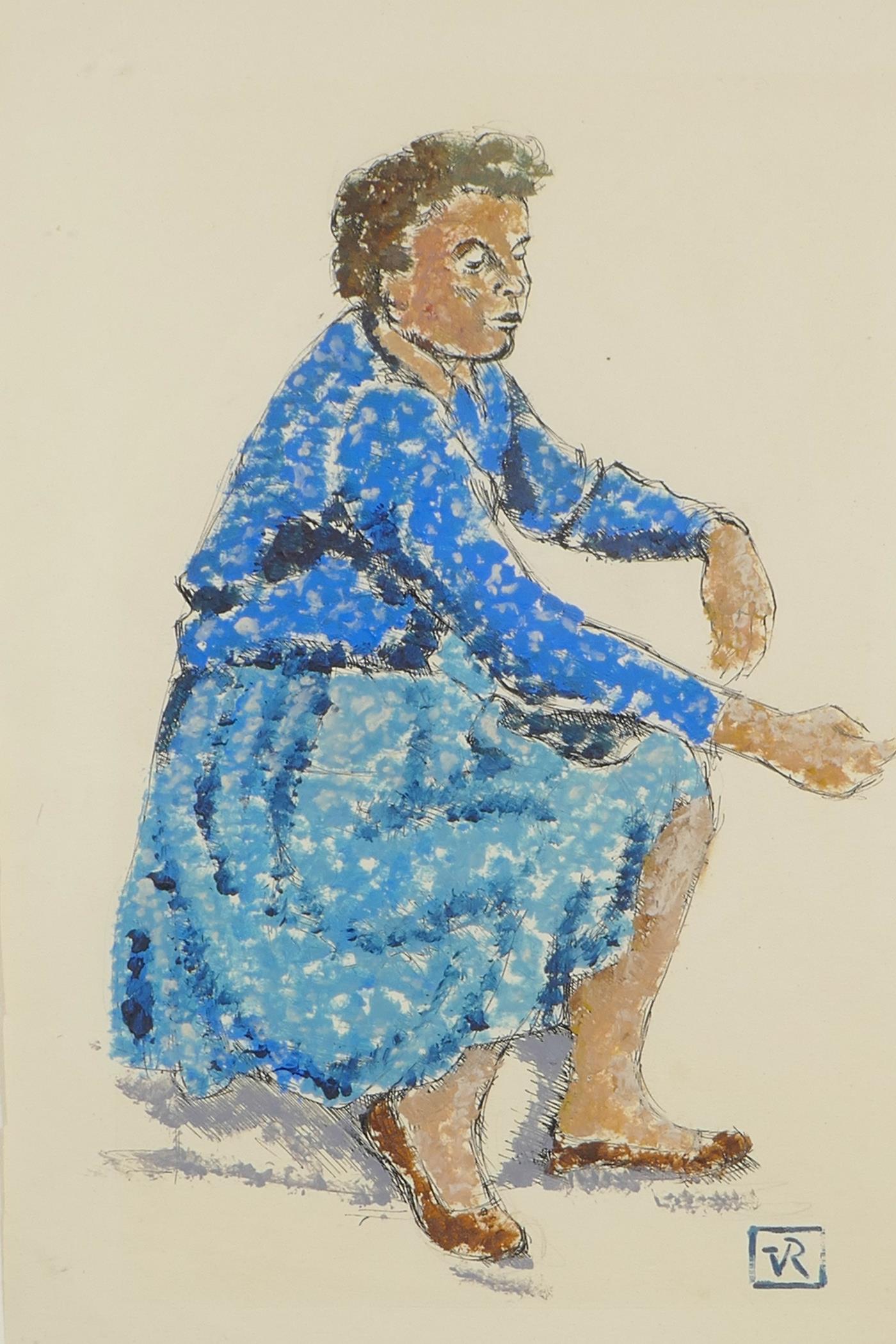 Portrait of a seated lady, monogrammed, oil and ink on paper, 12" x 8" - Image 2 of 4