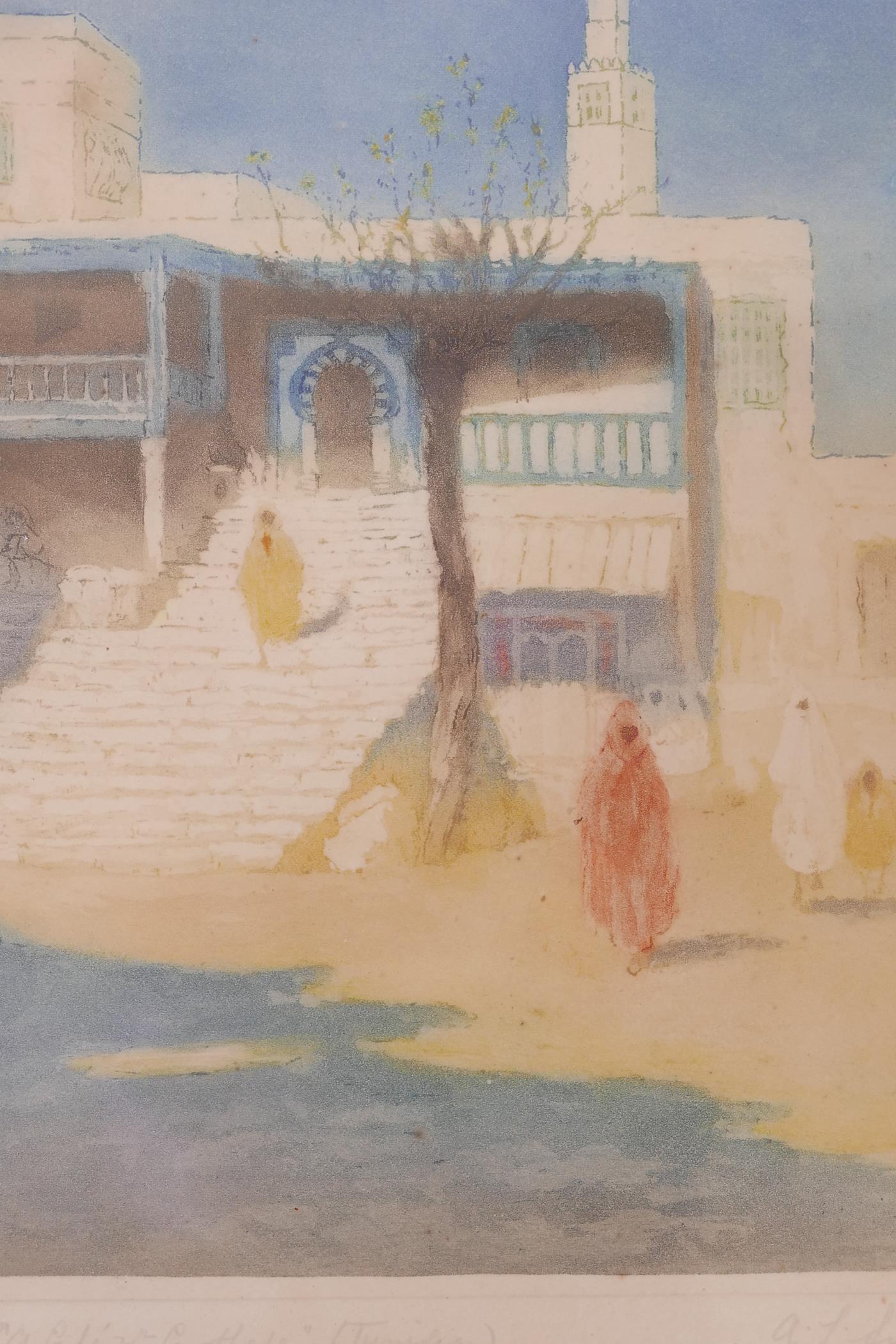 A.L. Simpson, a cafe in Carthage, a limited edition aquatint, 38/100, signed, and the pair, the Blue - Image 2 of 4