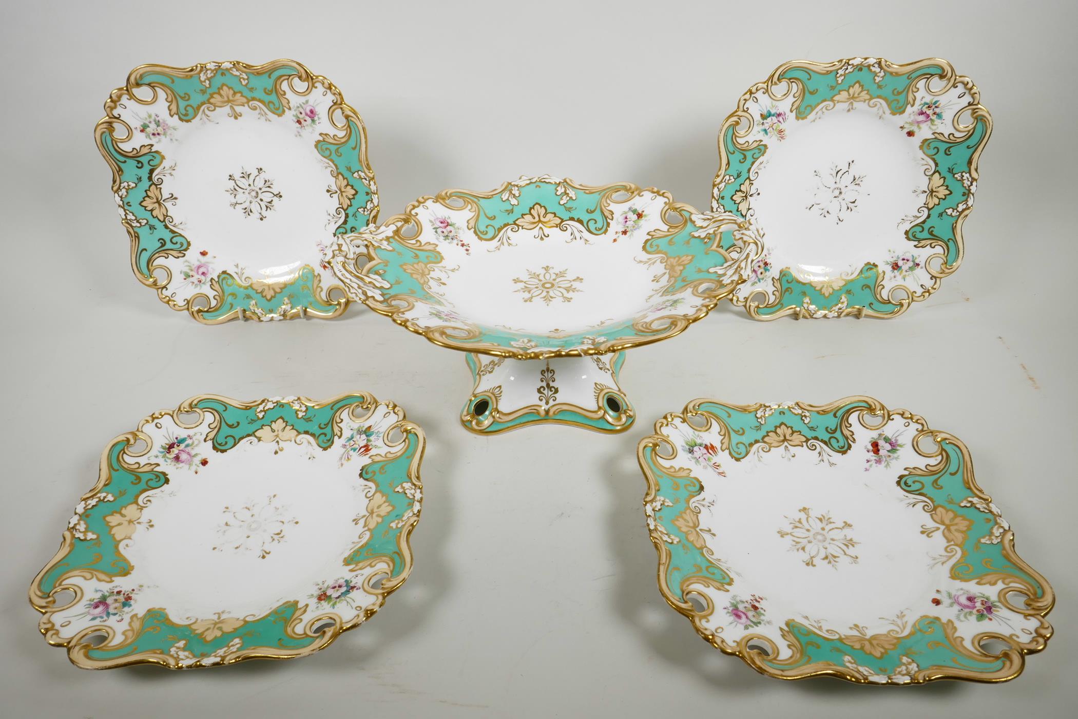 A rare 1840s Ridgway part dessert service with pedestal comport and four matching square dessert