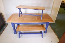 A refectory table with Pollard oak top, raised on turned supports united by an 'H' stretcher, and