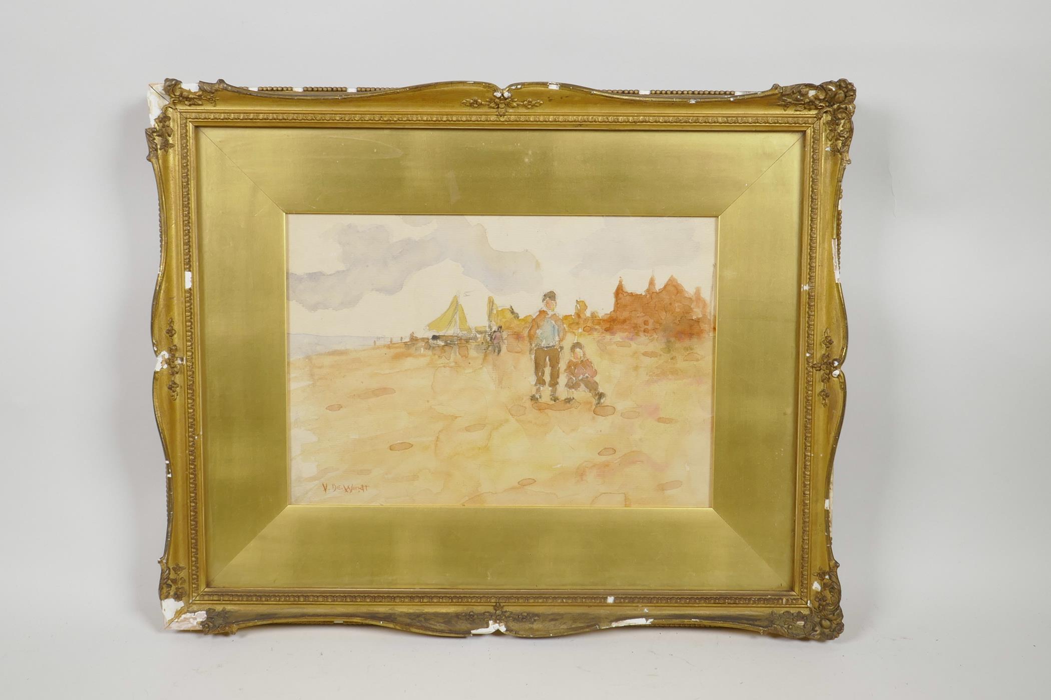 V. De Windt, beach scene with fishing boats and children to foreground, signed, watercolour, 7" x - Image 2 of 4