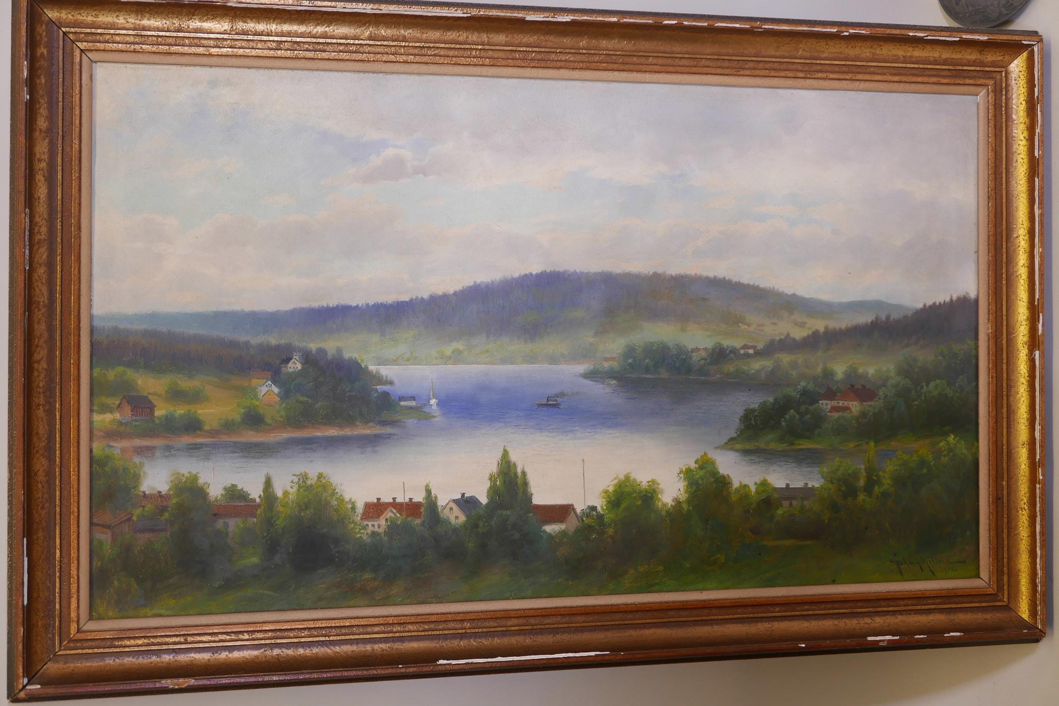 Johnny Millar, Swedish, landscape with fjord, signed and dated 1912, 39" x 23" - Image 2 of 3