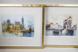 A pair of coloured engravings, 'Tower Bridge' and 'The Houses of Parliament' by Colin Ruffell, 14" x