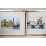 A pair of coloured engravings, 'Tower Bridge' and 'The Houses of Parliament' by Colin Ruffell, 14" x