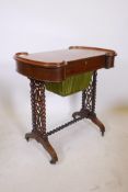 A Victorian rosewood work box with shaped galleried ends, raised on pierced and barley twist