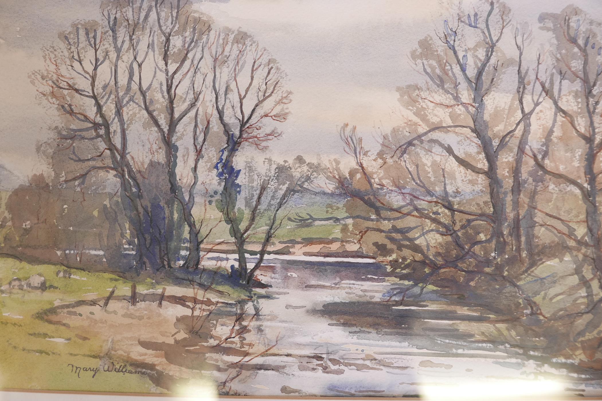 Mary Williams, a pair of landscapes with water meadows, both signed, watercolours, 14" x 10" - Image 2 of 3