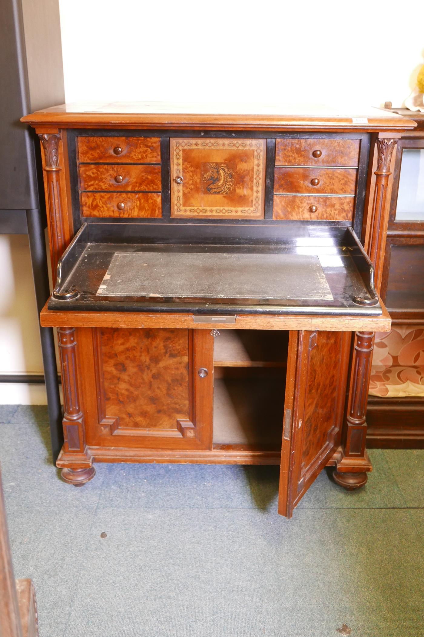 A C19th continental secretaire abattant with burr walnut panels, the fall front fitted with an - Image 2 of 5