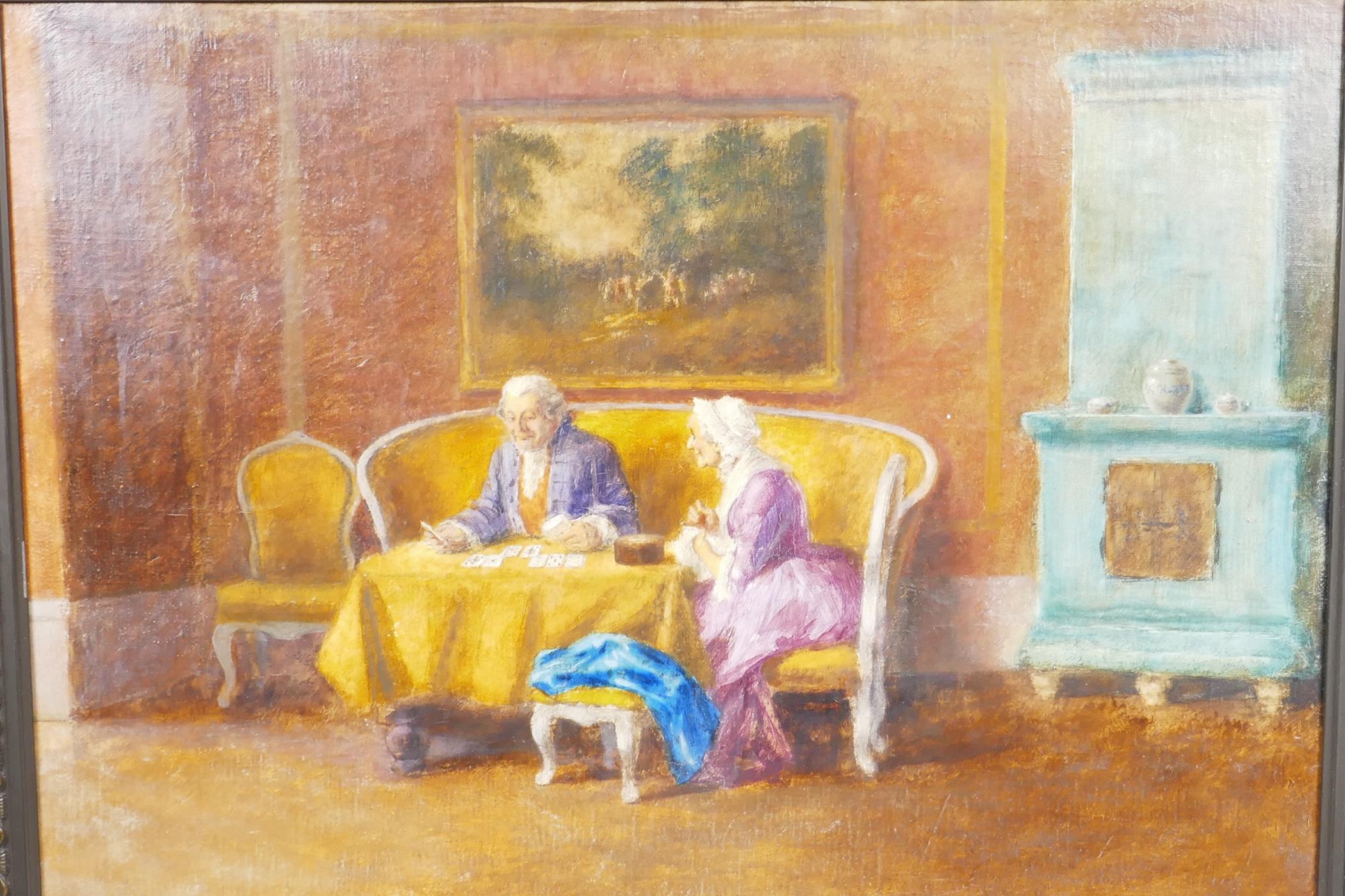 Interior scene with couple seated at a table beneath a landscape painting with cattle, the gentleman
