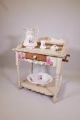 A painted oak wash stand with a single drawer, together with a similar wash basin, jug and soap