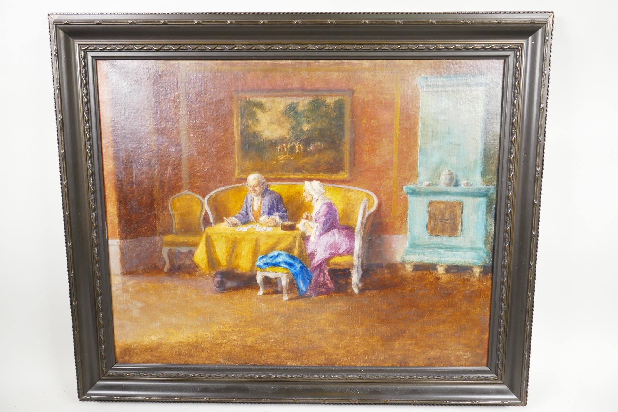 Interior scene with couple seated at a table beneath a landscape painting with cattle, the gentleman - Image 2 of 4