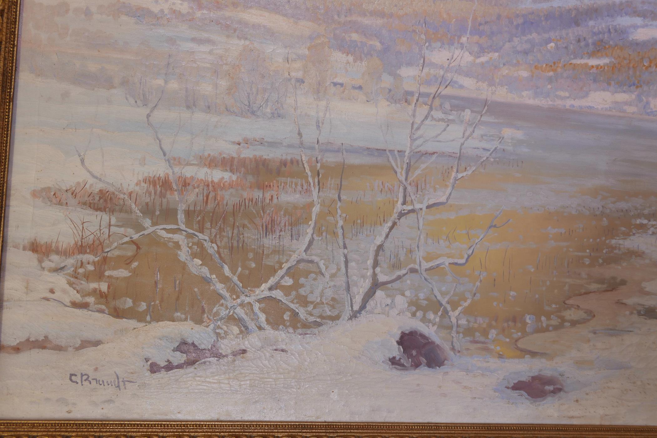 C. (Carl) Rundt, bleak winter fjord scene, signed, oil on canvas, 49" x 35" - Image 3 of 4