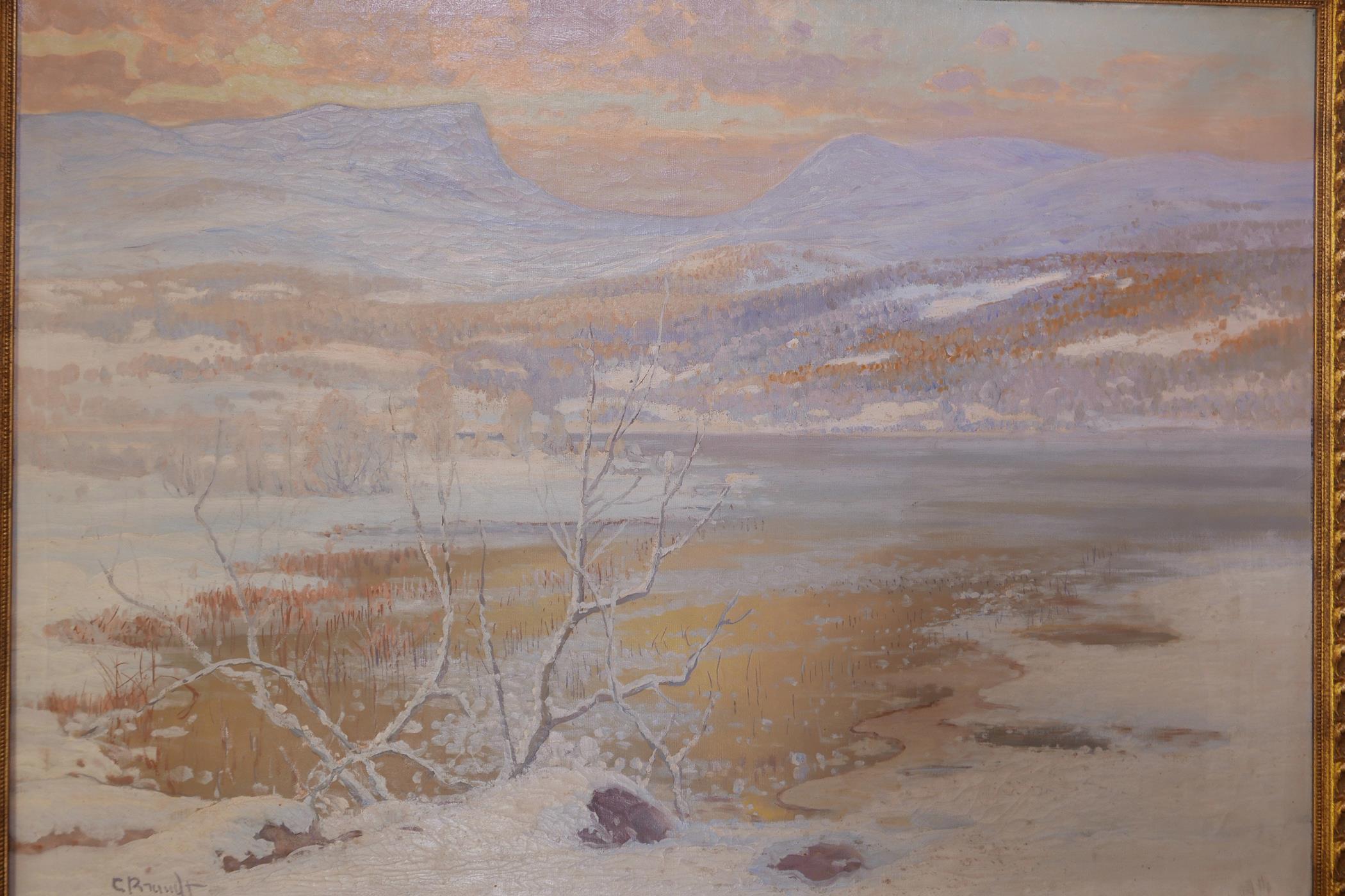 C. (Carl) Rundt, bleak winter fjord scene, signed, oil on canvas, 49" x 35"