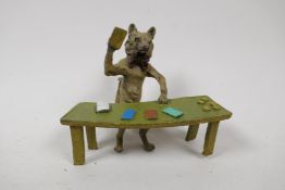 A cold painted bronze after Bergman of a fox playing cards, 4½" wide