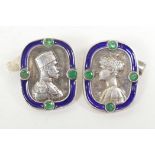 A pair of Russian silver, gilt and enamel cufflinks depicting Nicholas and Alexandra