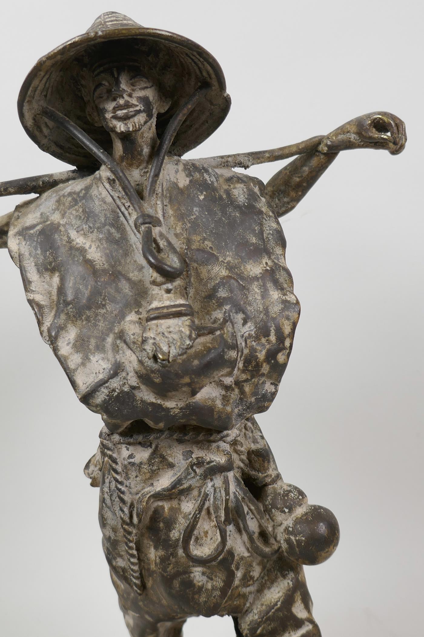 A Chinese stylised bronze figure of a fisherman, 13" high - Image 2 of 5