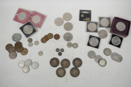 A collection of various coins, mostly British, to include five Queen Victoria crowns, shillings,