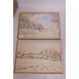 A.E. Constable, 'The Wick, Model Farm, Ulting, Maldon' and a village street scene, watercolours,