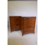 A pair of 1920s Queen Anne style figured walnut chests with five long drawers, 30" x 18", 43" long