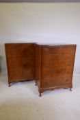 A pair of 1920s Queen Anne style figured walnut chests with five long drawers, 30" x 18", 43" long