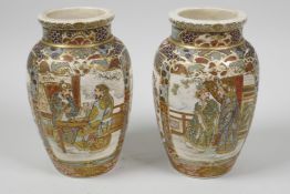 A pair of C19th Satsuma porcelain vases decorated with warriors and figures at a table, one A/F