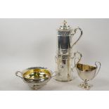 An ornate silver plated coffee pot percolator, 10" high, together with an EPNS trophy shaped bowl