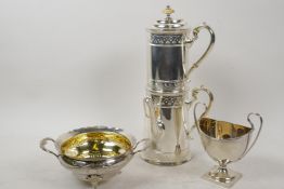 An ornate silver plated coffee pot percolator, 10" high, together with an EPNS trophy shaped bowl