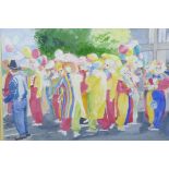 Phyllis O'Shea, gathering of clowns, watercolour, 17" x 12"
