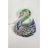 A 925 silver and plique a jour brooch in the form of a swan, 1½"