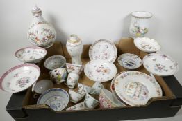 A box of English and Oriental polychrome decorated porcelain, mainly C19th and earlier, all A/F