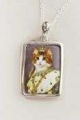 A 925 silver pendant necklace set with an enamel plaque depicting a Royal cat, 1½"