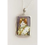 A 925 silver pendant necklace set with an enamel plaque depicting a Royal cat, 1½"