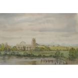 Rene South, abbey in a landscape, signed, watercolour, 13½" x 9"
