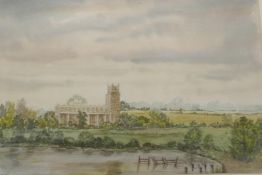 Rene South, abbey in a landscape, signed, watercolour, 13½" x 9"