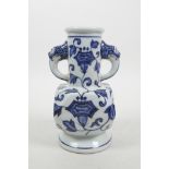 A Chinese blue and white porcelain two handled vase with stylised floral decoration, 6 character