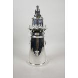 A silver plated cocktail shaker in the form of a lighthouse, 14" long