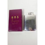 A James Dixon and Co silver plated 8oz hip flask retailed by Asprey of London, in original Asprey