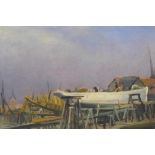 Figures at a boatyard, indistinctly signed and labelled verso John Hodgson Lobley, 12" x 16"