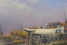 Figures at a boatyard, indistinctly signed and labelled verso John Hodgson Lobley, 12" x 16"