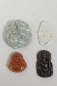 Four Chinese carved hardstone pendants in the form of auspicious animals and deities, largest 2"