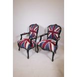 A pair of black gloss painted open armchairs with Union Flag upholstery