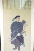 A large Chinese colour print on silk of an archer, with calligraphy script above in three languages,