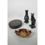 An eclectic lot including a bronze sculpture of a Siamese cat, 8" high x 3" wide, A/F, a round